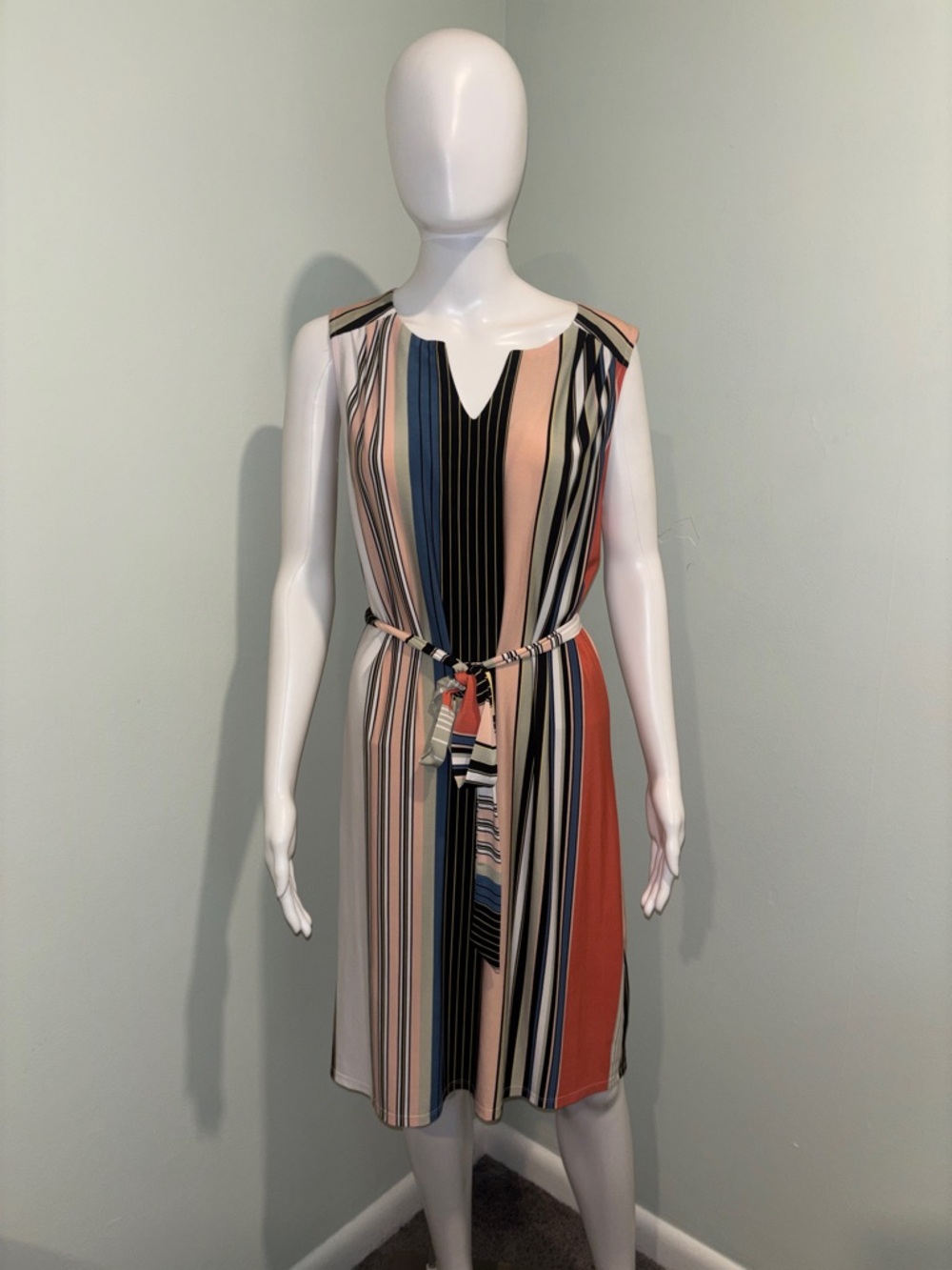 Luxology V-Neck Sleeveless Striped Multicolor Dress with Belt - 8